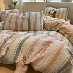 Simple Style Stripe Duvet Cover Set Bed Sheet Set Washed Cotton Bedding Set