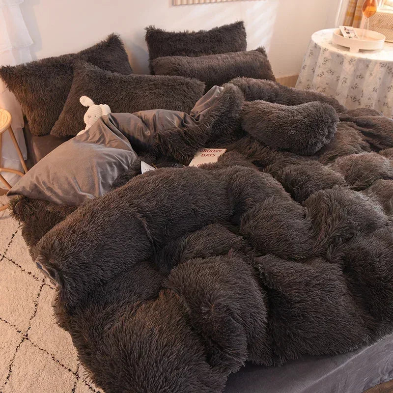 Solid Color Fluffy Long Plush Winter Bedding Set