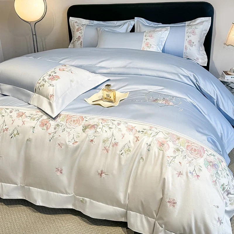100% Cotton Chic Flowers Embroidery Luxury Double Queen King Size Bedding Set