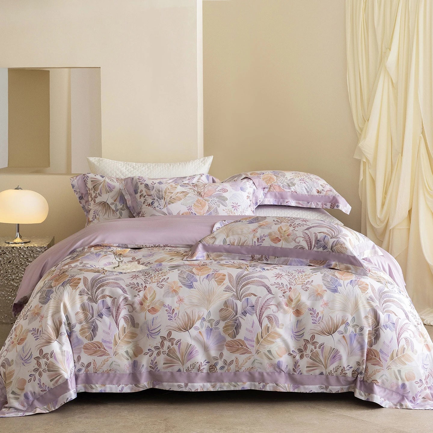 Luxury 600TC Lyocell Cotton Bedding Set, Floral Print Duvet Cover Set with Pillowcases, Soft Silky Bed Sheet/Fitted Sheet 4Pcs