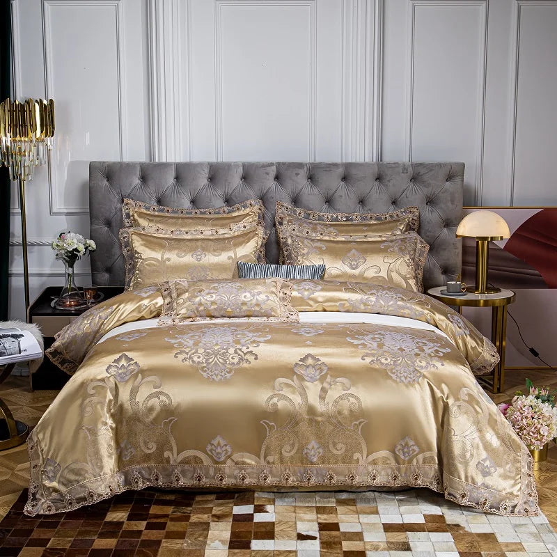 Luxury Euro Gold Satin Jacquard Lace Bedding Set
