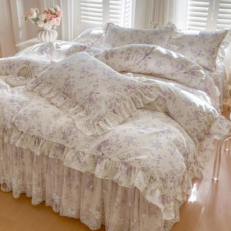 100% Cotton Flowers Print Lace Ruffles Princess 4/6Pcs Bedding Set