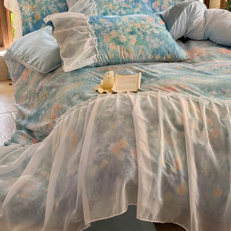 3/4Pcs French Princess Style Tencel Cotton Ice Silk Summer Cooling Comforter Set Blue Print Ruffle Bedding Set
