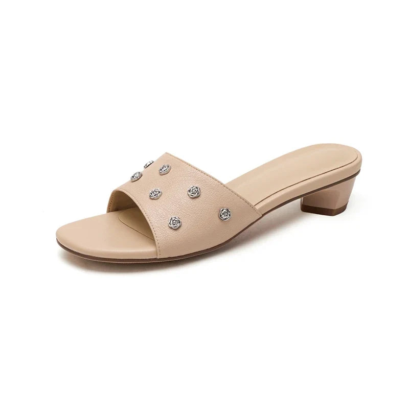 leather cowhide round head metal flower rivet exposed toe middle Heel