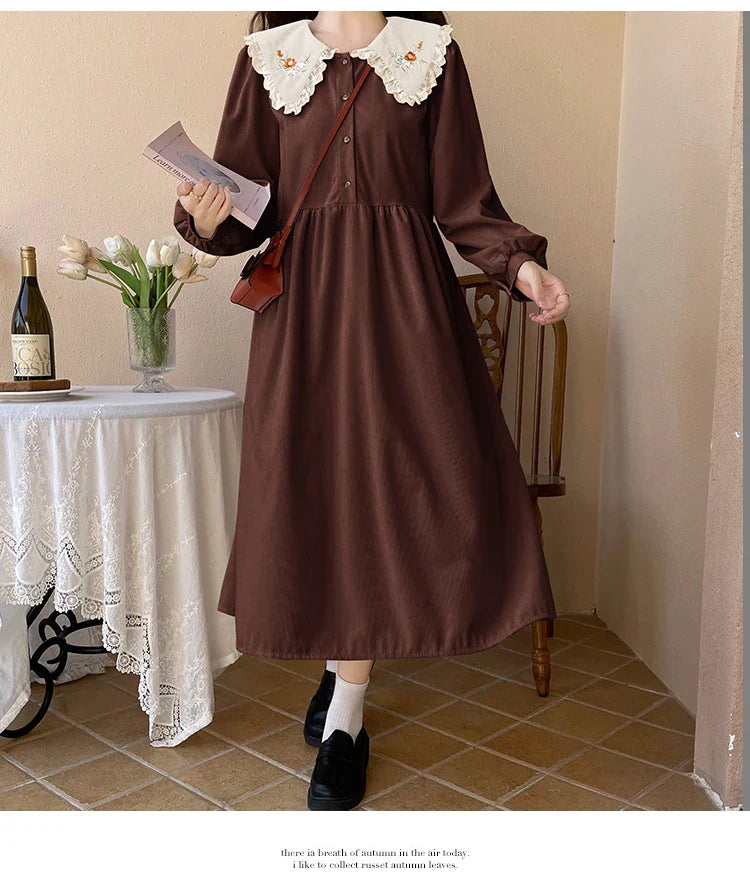 Forest Flower Corduroy Cottagecore Dress with Embroidery