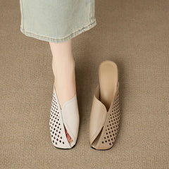 cowhide round head hollow breathable mid Heel