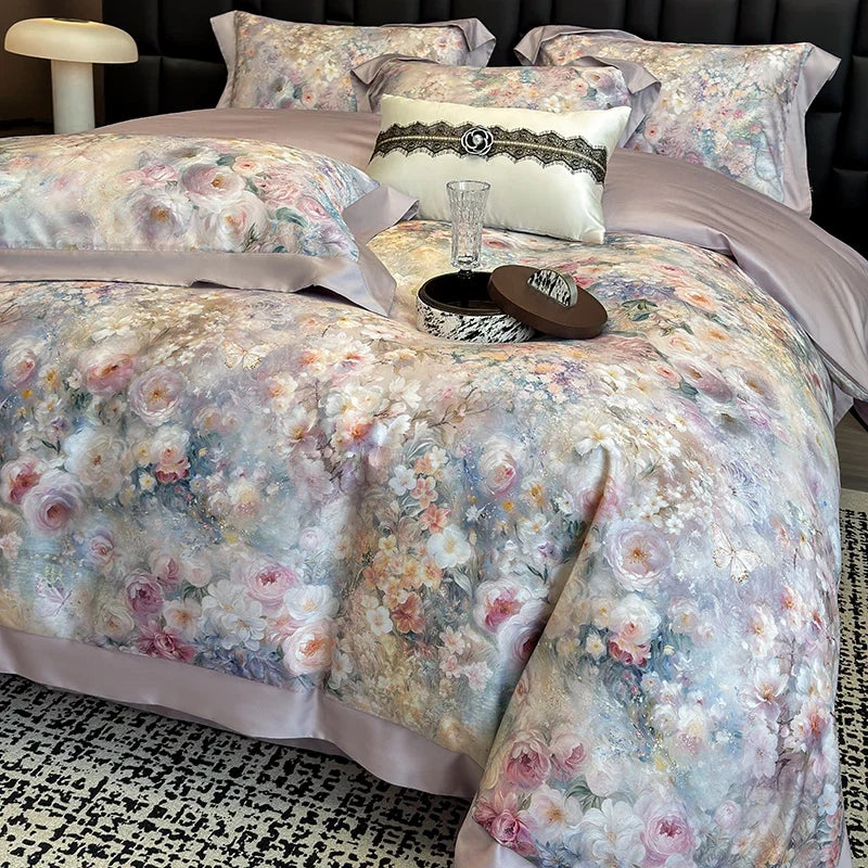 1000TC Egyptian Cotton Blooming Flowers Prints Luxury Queen King Size Bedding Set