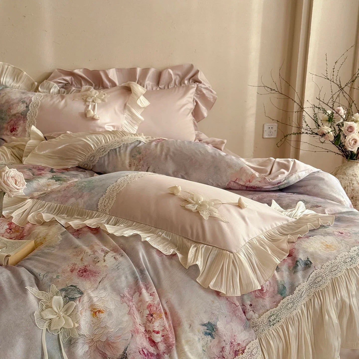 Vintage French Oil Painting Style Floral Print Chiffon Lace Bedding Set