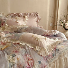 Vintage French Oil Painting Style Floral Print Chiffon Lace Bedding Set