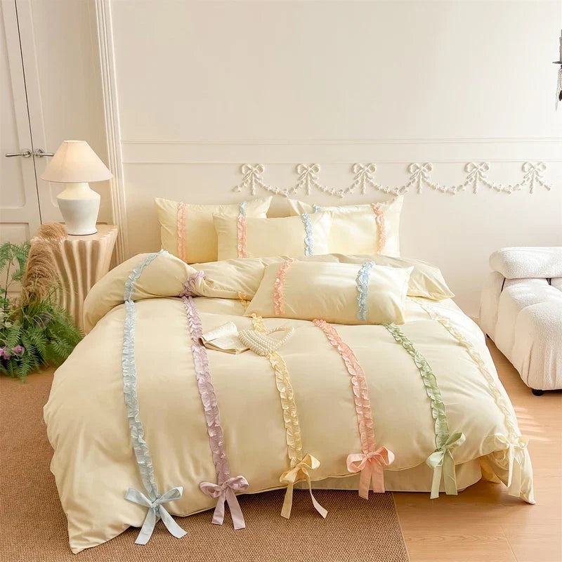 3/4Pcs Pink Ins-Style Princess Colorful Bow Bedding Set