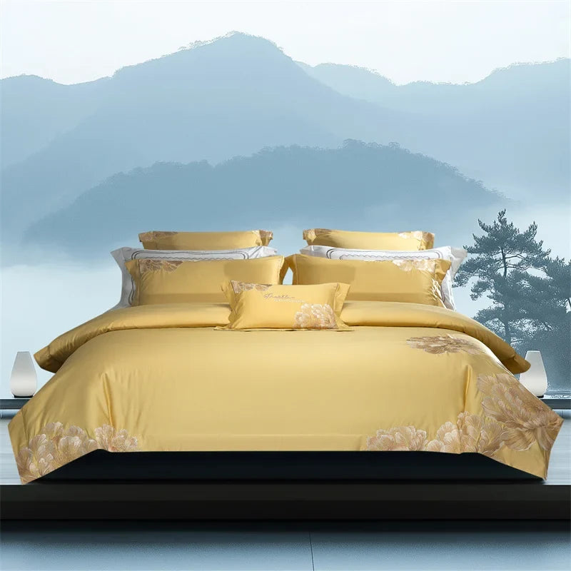 1000TC Egyptian Cotton Chinese Style Flowers Embroidery Luxury Bedding Set