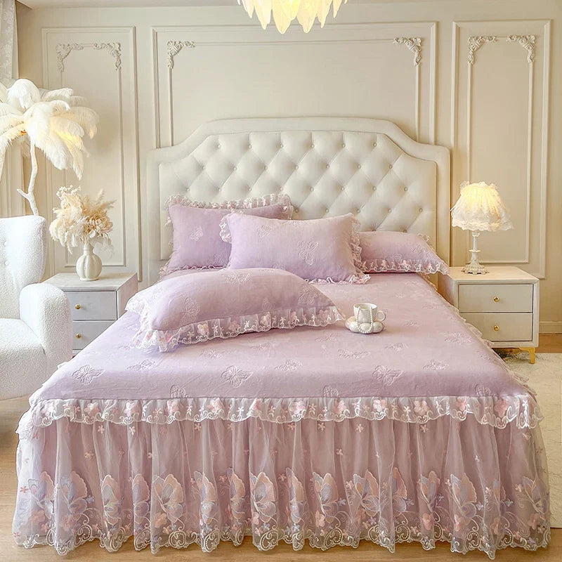 Butterfly Embroidery Lace Ruffles Carved Velvet Winter Thickened Bedding Set