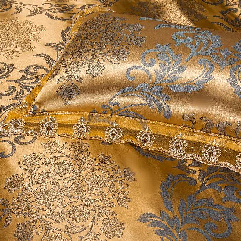 Luxury Euro Gold Satin Jacquard Lace Bedding Set