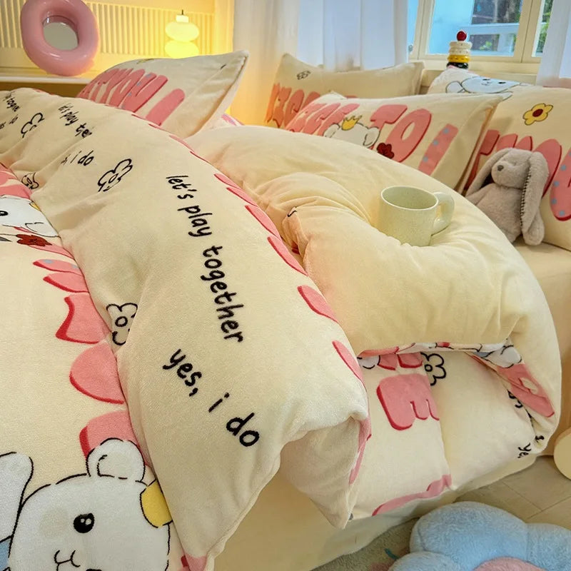 Cute Cartoon Winter Warm Quilt Cover Set Queen Bedding Set