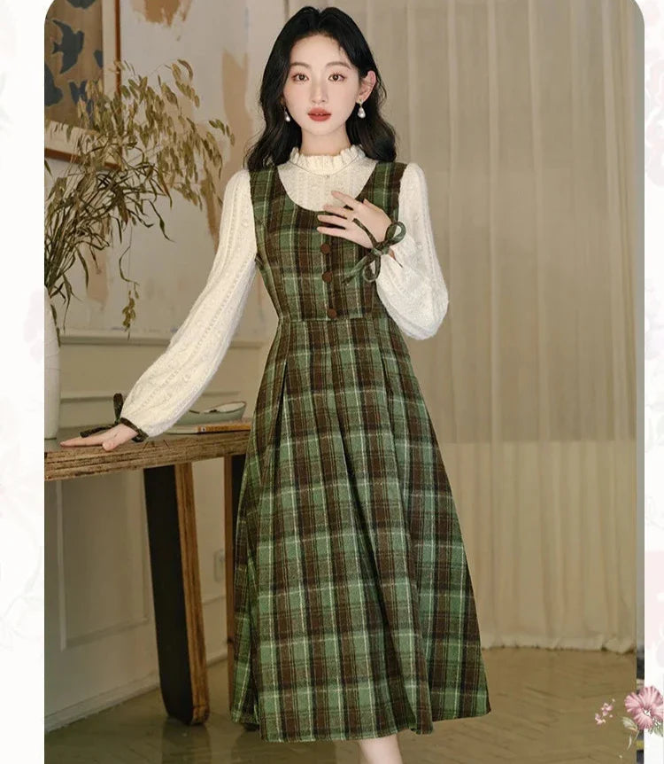 Harmony Plaid Wool Dark Academia Cottage Dress