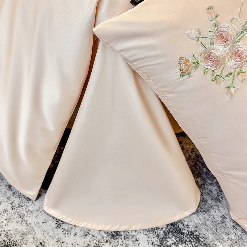 Chic Flowers Embroidery 100% Cotton Luxury Simple Solid Color Bedding Set