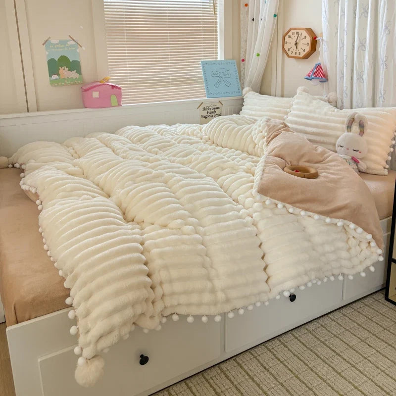 Striped Fluffy Milk Velvet Soft With Cute Pompoms Bedding Set