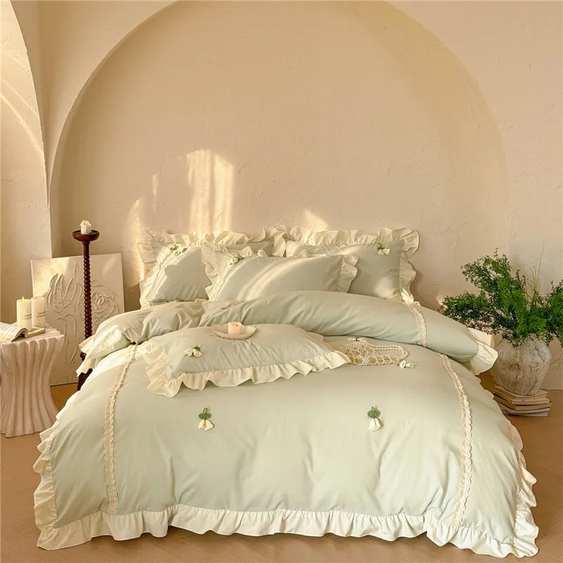 3/4Pcs Korean Princess Style Ruffles Washed Cotton Bedding Set