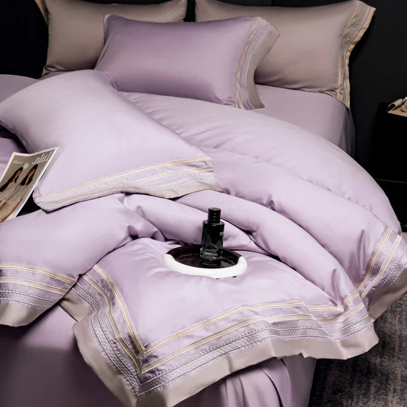 Luxury 600TC Long Staple Cotton Bedding Set, Cream White with Grey Embroidery Border, Soft Duvet Cover Flat Sheet Pillowcases