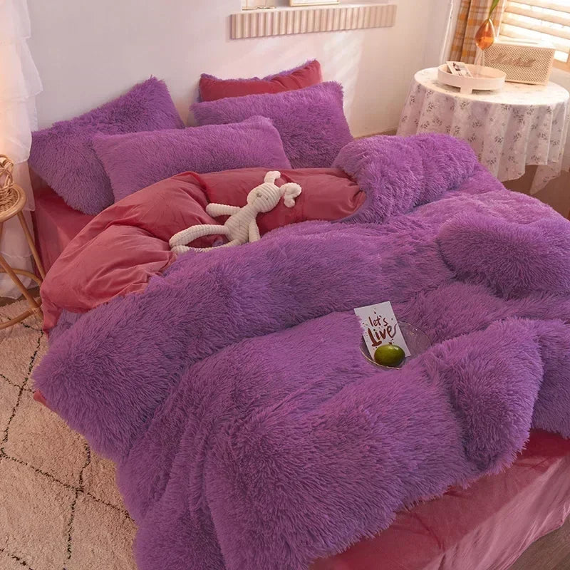 Solid Color Fluffy Long Plush Winter Bedding Set