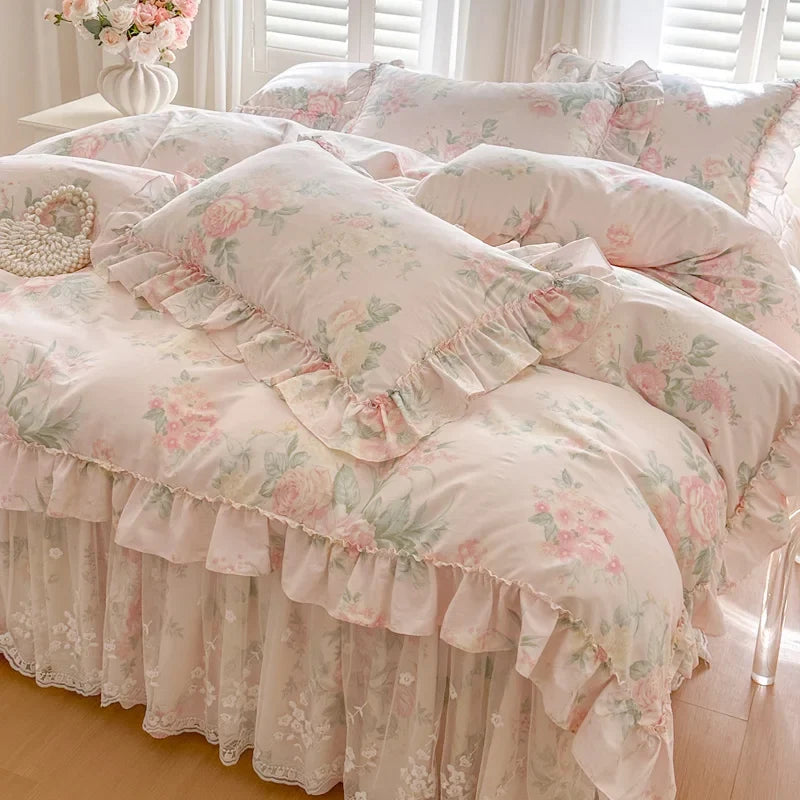 100% Cotton Flowers Print Lace Ruffles Princess 4/6Pcs Bedding Set
