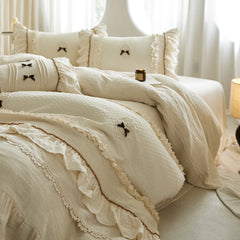 Vintage French Lace Ruffles Bow Bedding Set