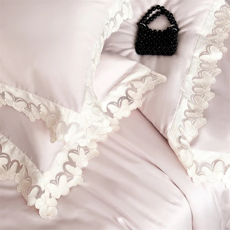 Butterfly Lace Wide Edge Pink Princess Wedding Bedding Set