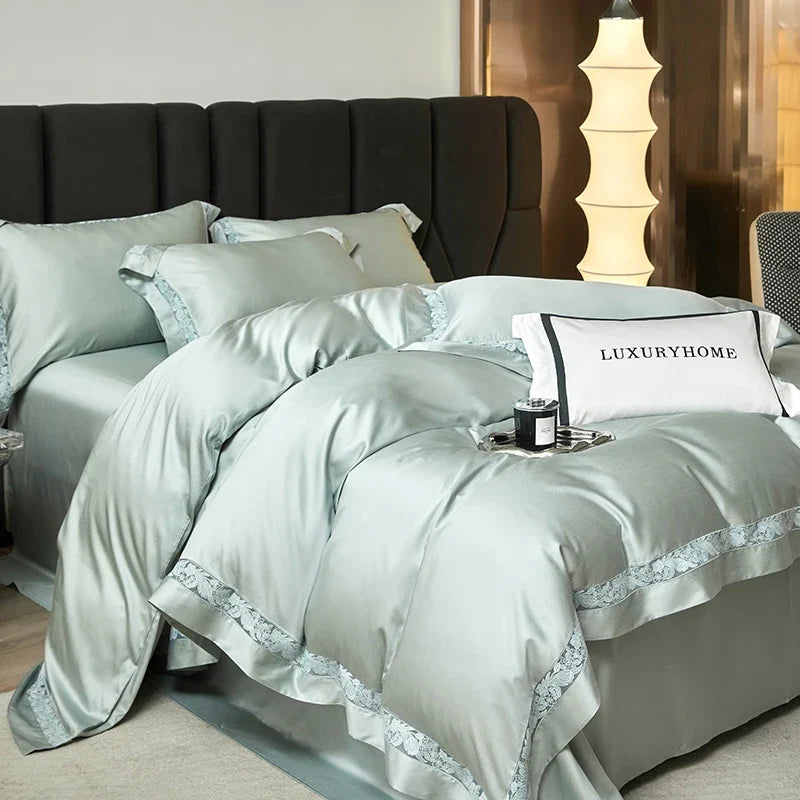 Premium 1000TC Lyocell Cotton Flowers Hollow Lace Wide Edge Embroidery Bedding Set