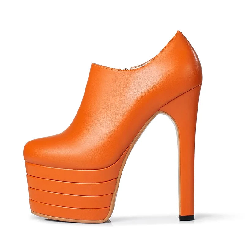 Orange Cowhide Round Toe Platform Pumps