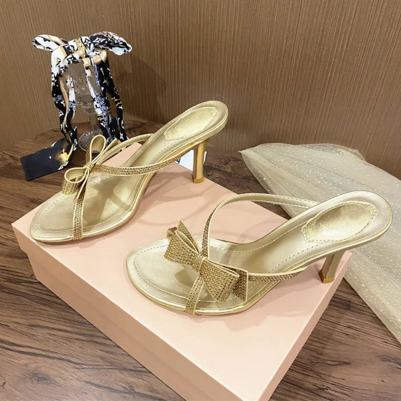 Rhinestone Bow Cross Strap Slipper Open Toe Sandal Women Wear Stiletto Heels