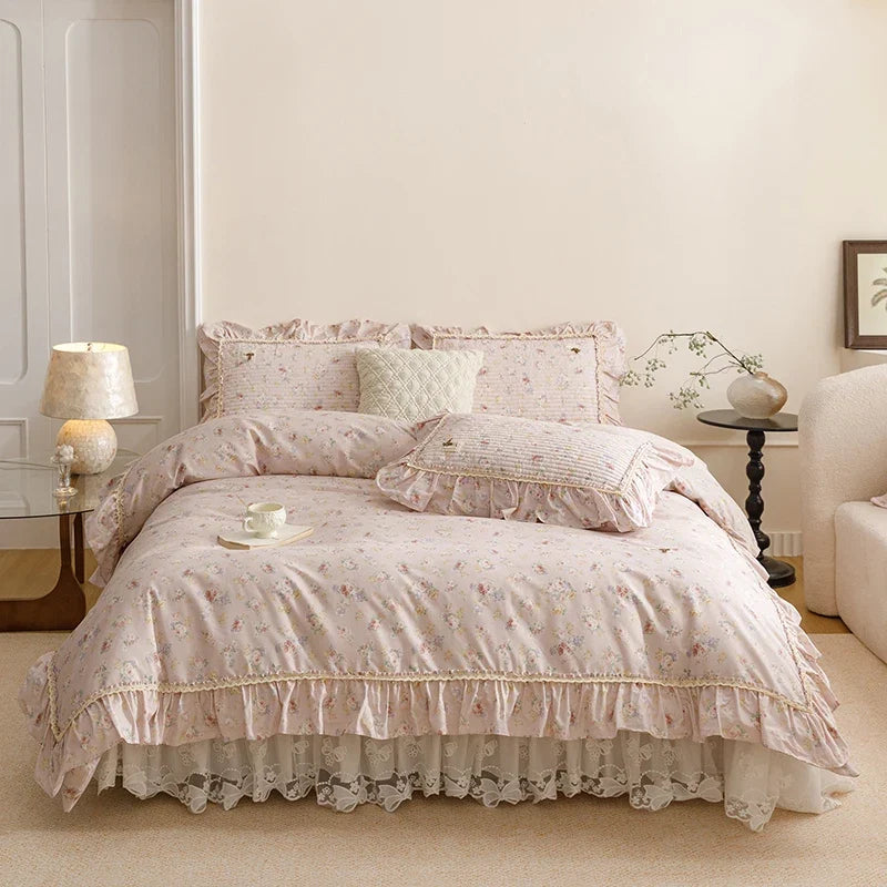 100% Cotton Korean Style Floral Lace Ruffles Princess Bedding Set