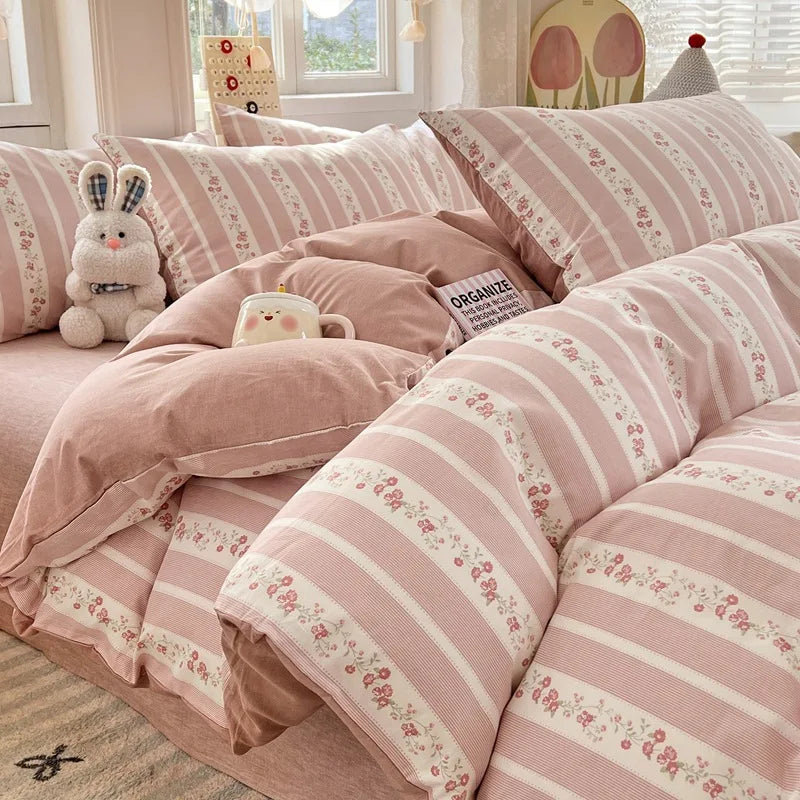 Japanese Style Floral Printed Queen Quilt Cover Set 3/4 Pcs Soft Cotton Bedding Set
