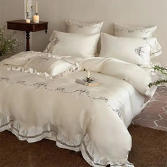 800TC Lyocell Eucalyptus Fiber Flowers Embroidery Ruffles Bedding Set