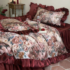 1000TC Egyptian Cotton Vintage French Rose Flowers Print Lace Ruffles Bedding Set