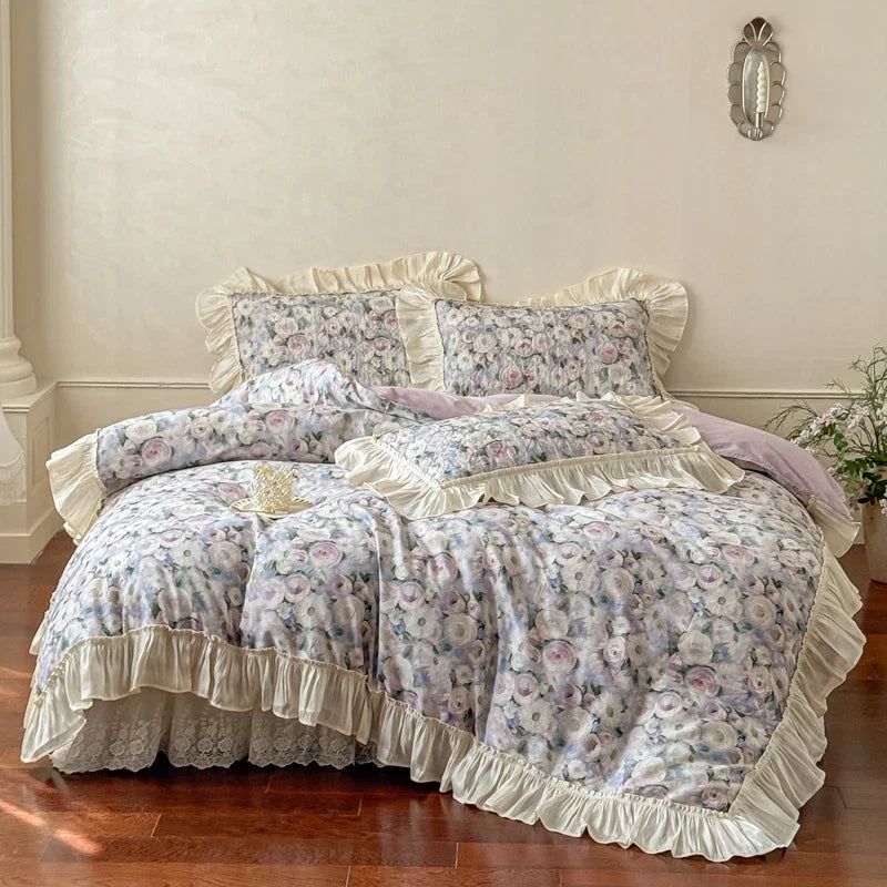 Korean Princess Style Floral Ruffles 100% Cotton Bedding Set
