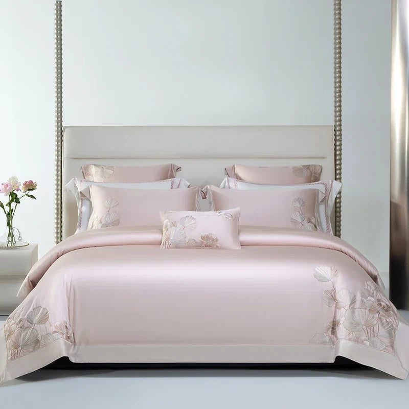 4Pcs Luxury Lotus Flowers Embroidery 1200TC Lyocell Cotton Soft Silky Bedding Set
