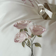4Pcs Rose Embroidery Bow Ruffles Princess Wedding Bedding Set