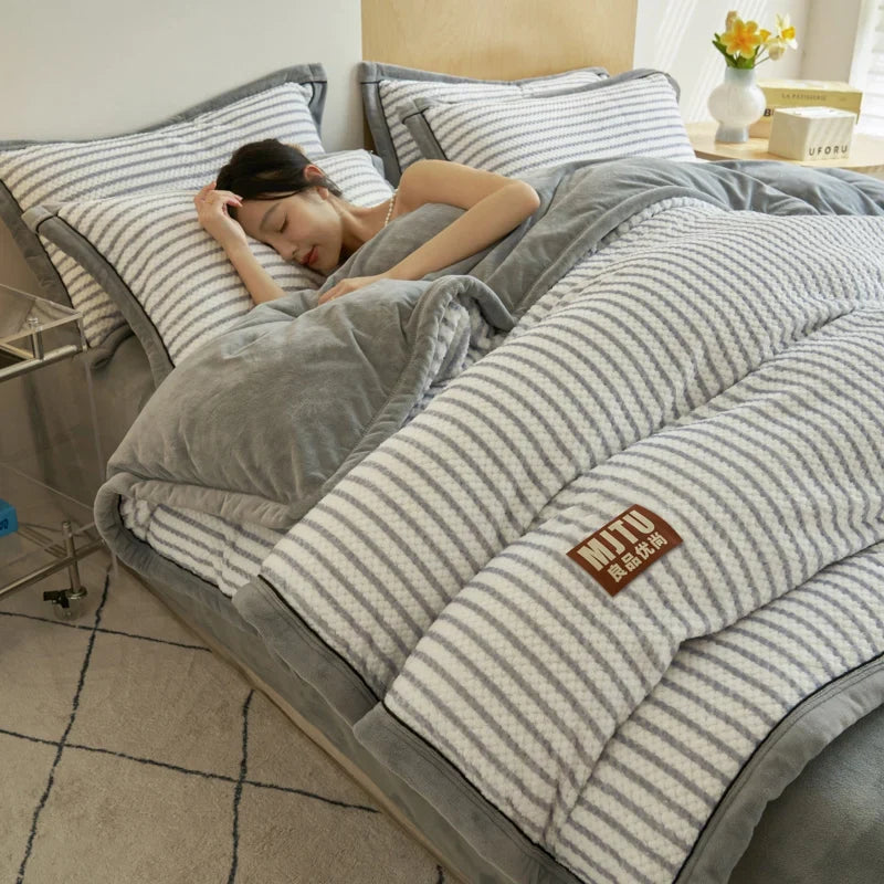 Japanese Striped Milk Velvet Bedding Set