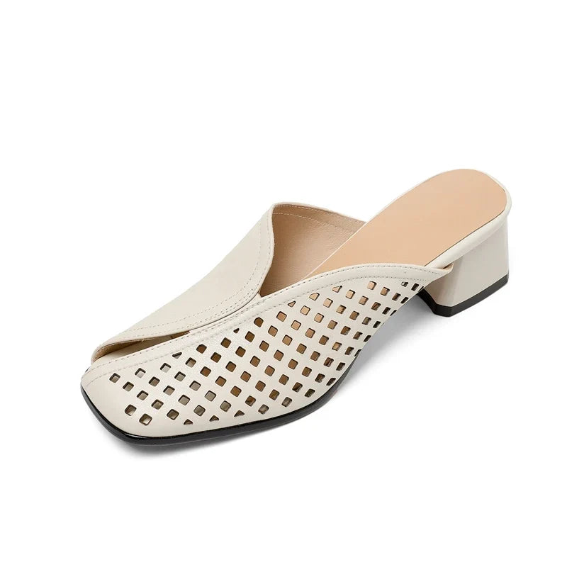 cowhide round head hollow breathable mid Heel