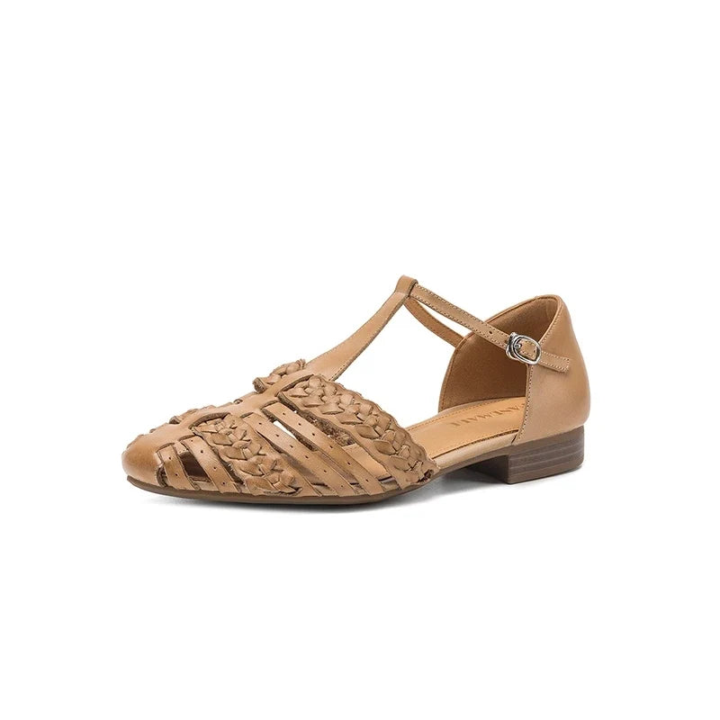 leather cowhide round toe loose grip low Heel