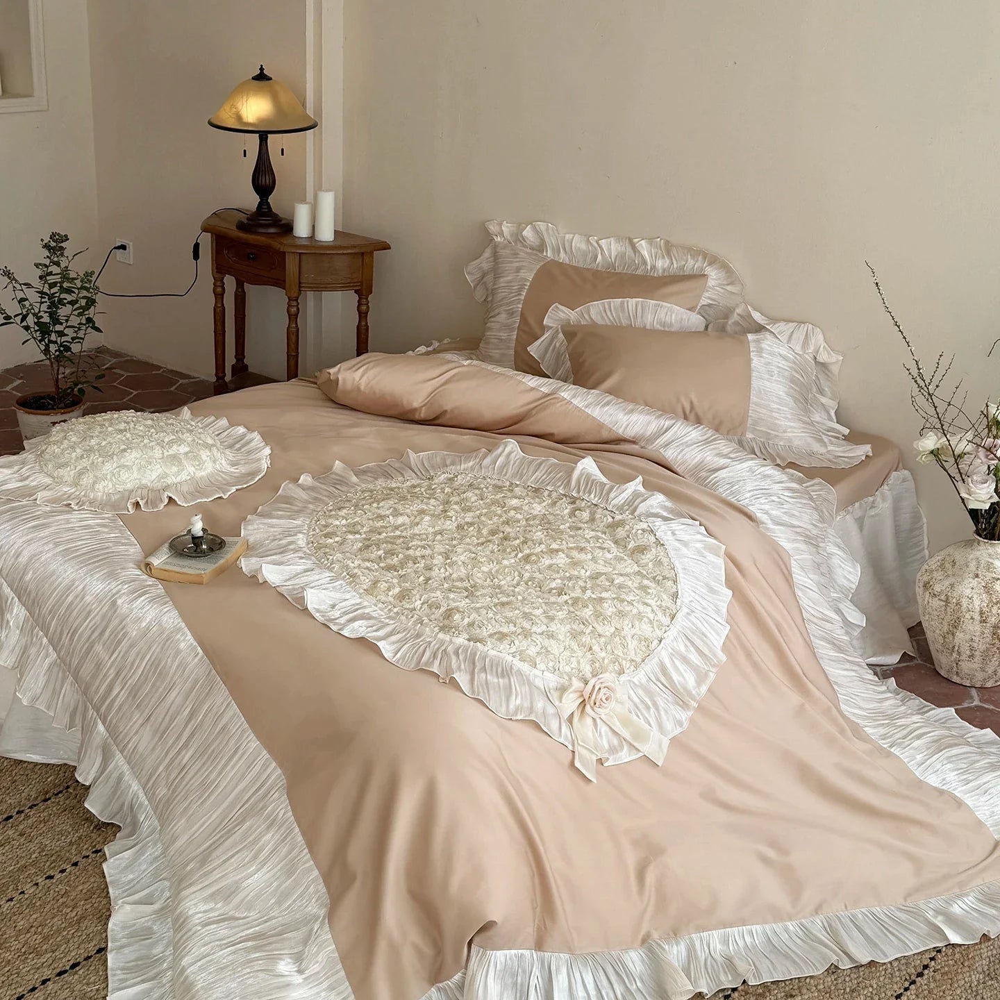 Raised Rose Embroidery Lace Ruffle Princess Bedding Set