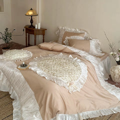 Raised Rose Embroidery Lace Ruffle Princess Bedding Set
