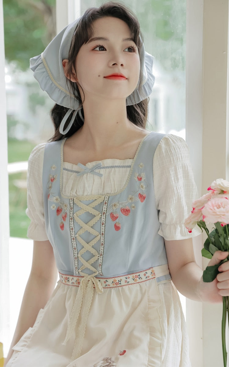 Strawberry Garden 3-Piece Set Cottagecore Dress with Head Scarf
