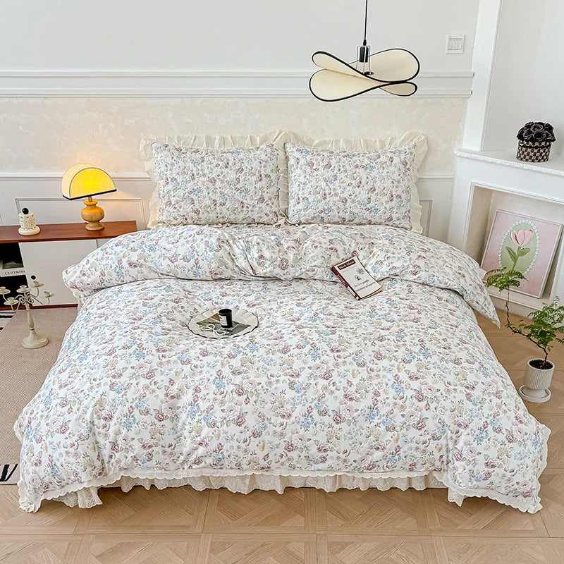 Korean Princess Style Floral Print Lace Ruffles Bedding Set