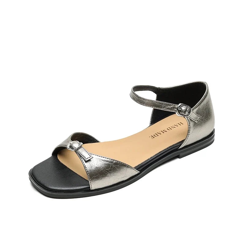 cowhide retro elastic low Heel