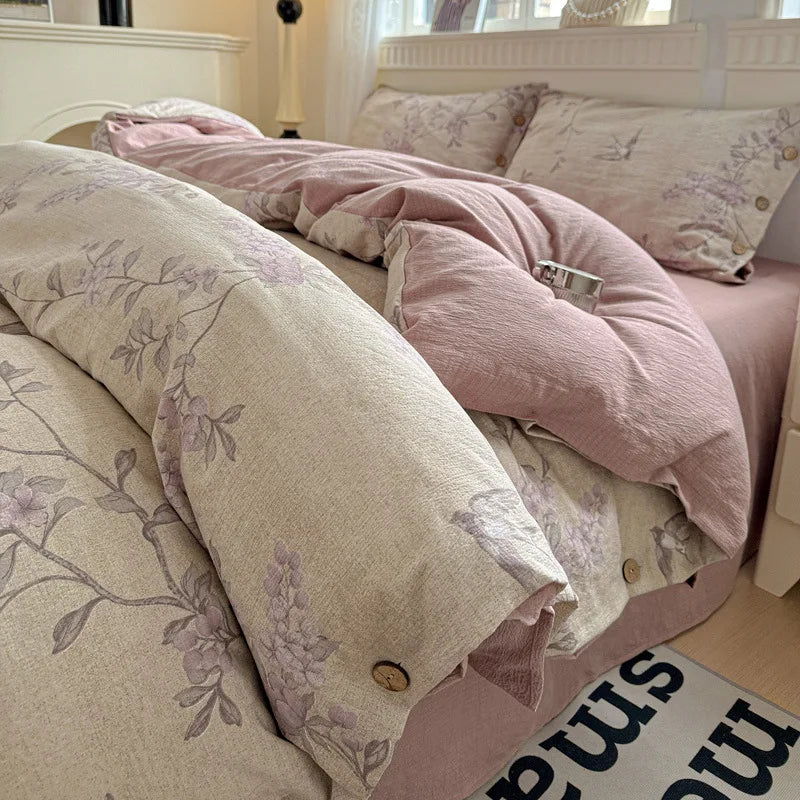 Korean Button Style Floral Print Bedding Set