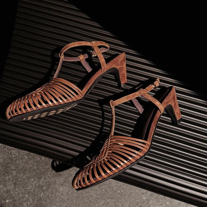 leather cowhide woven high Heels