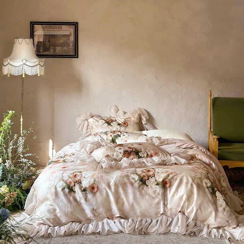 Vintage French Rose Flowers Print Lace Ruffles Bedding Set