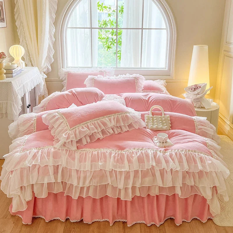 4Pcs Korean Princess Style Winter Thick Warm Milk Velvet Bedding Set