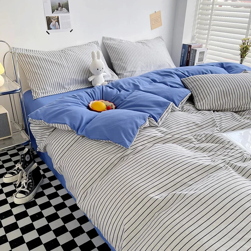 Brushed Japanese Muji-Style Plaid Striped Duvet Cover and 2 Pillowcases minimal queen twin size quilt cover 3pcs bedding sets